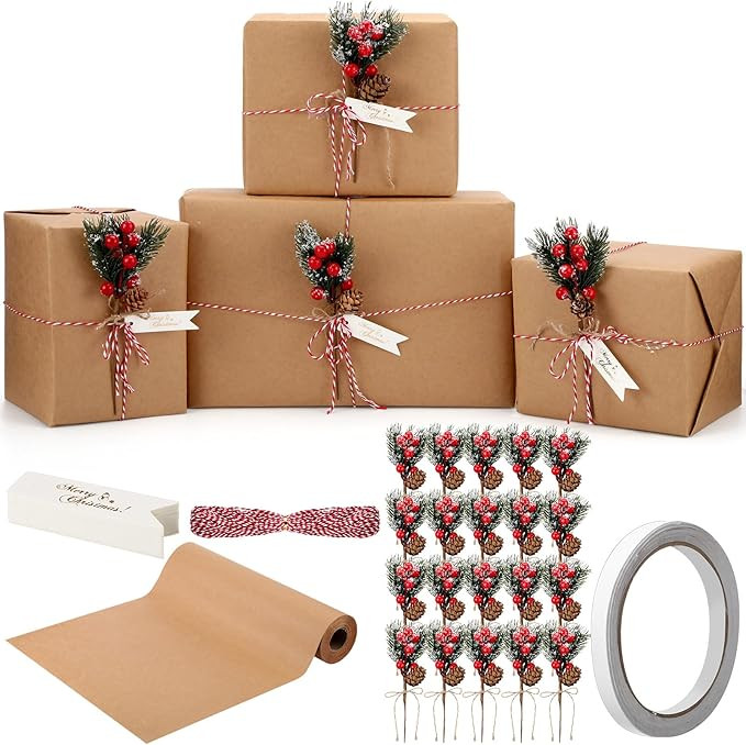 Spakon 15.7'' x 65.6 ft Christmas Wrapping Paper Set with Berry Branches, Christmas Wrapping Kraf... | Amazon (US)