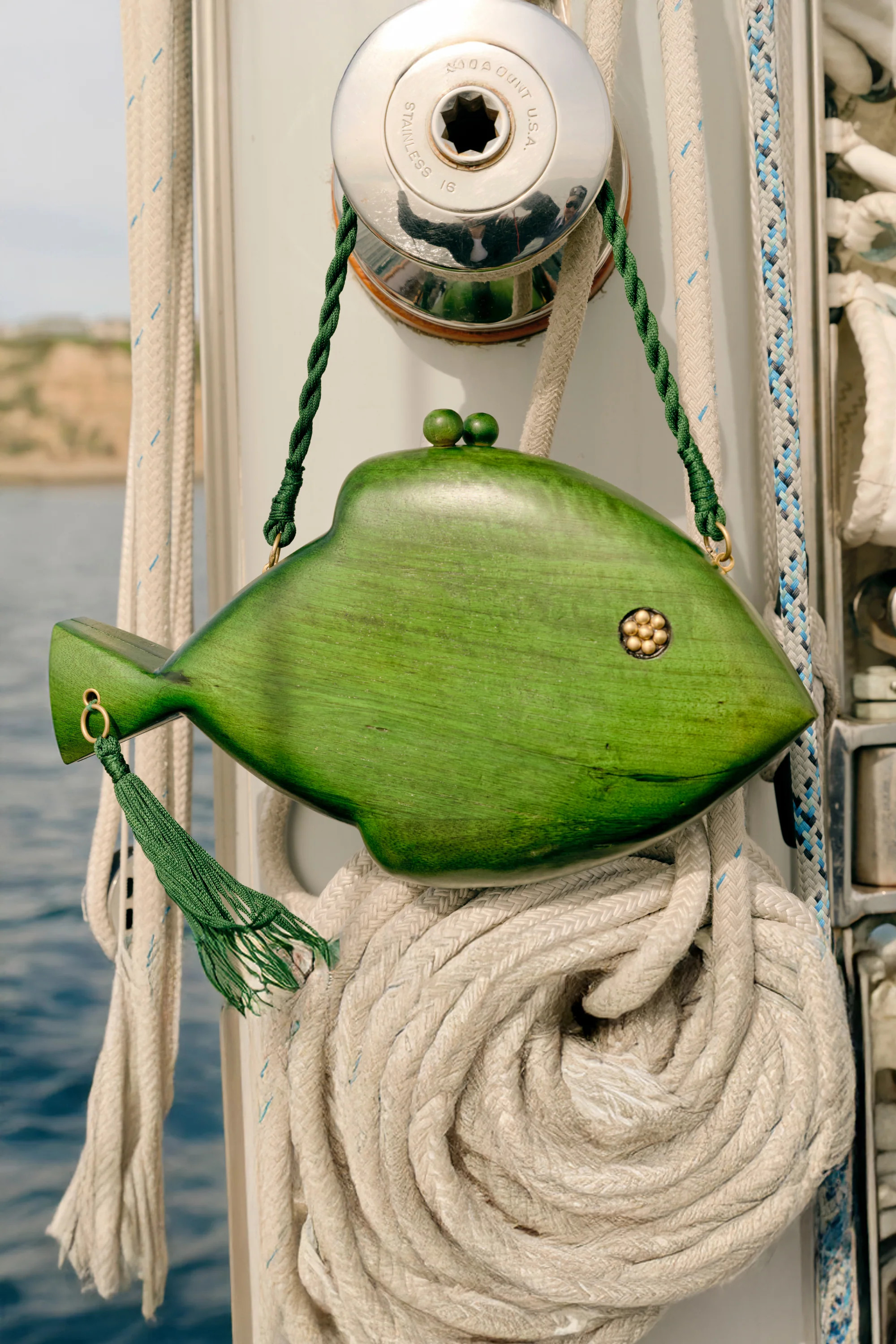 Carved Wooden Fish Clutch in Gummy Green | Simon Miller