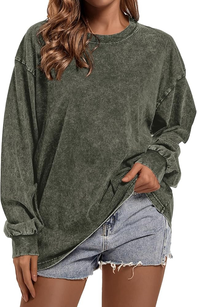 BINTEHGS Crewneck Oversized Long Sleeve Shirts for Women Loose Fit Vintage Acid Wash Tshirt Basic... | Amazon (US)