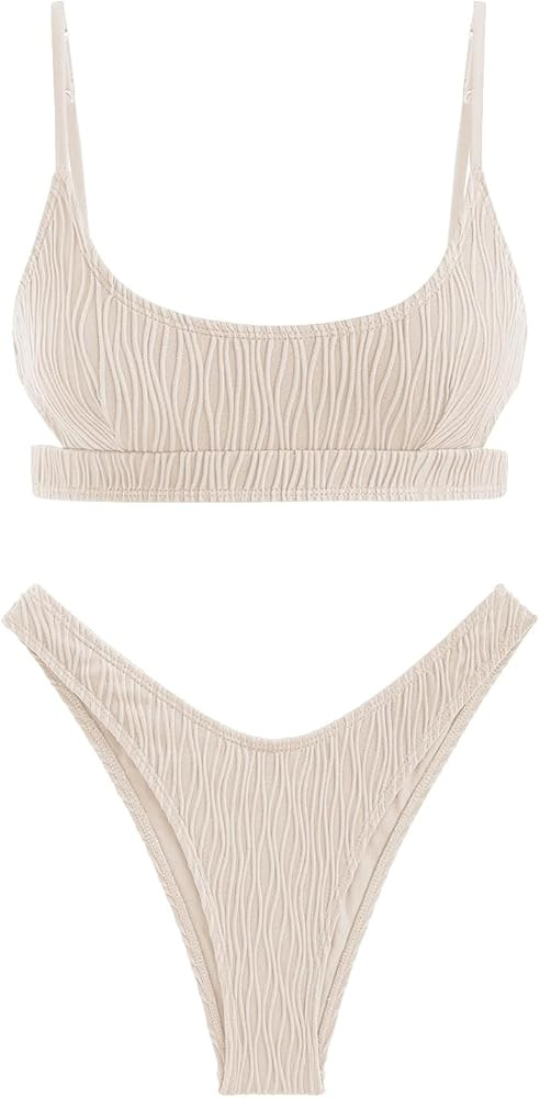 ZAFUL Women's Cutout Bikini Sets Scoop Neck Back Criss Cross Tie Ribbed High Cut Bikini Swimsuit ... | Amazon (US)