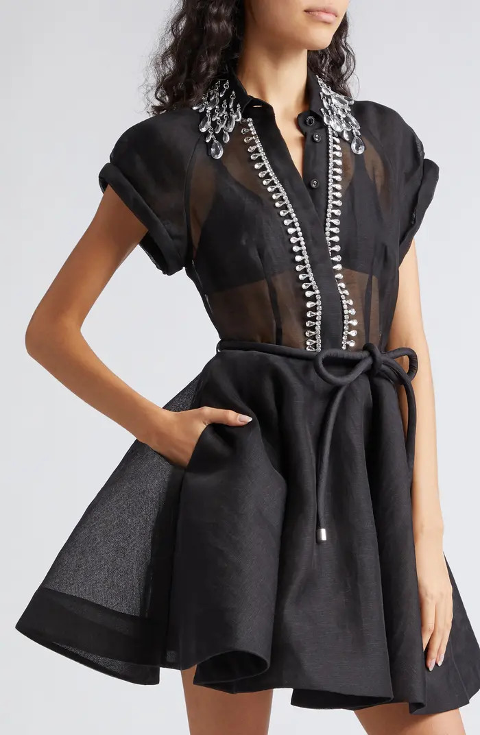 Zimmermann Matchmaker Crystal Embellished Belted Linen & Silk Organza Minidress | Nordstrom | Nordstrom
