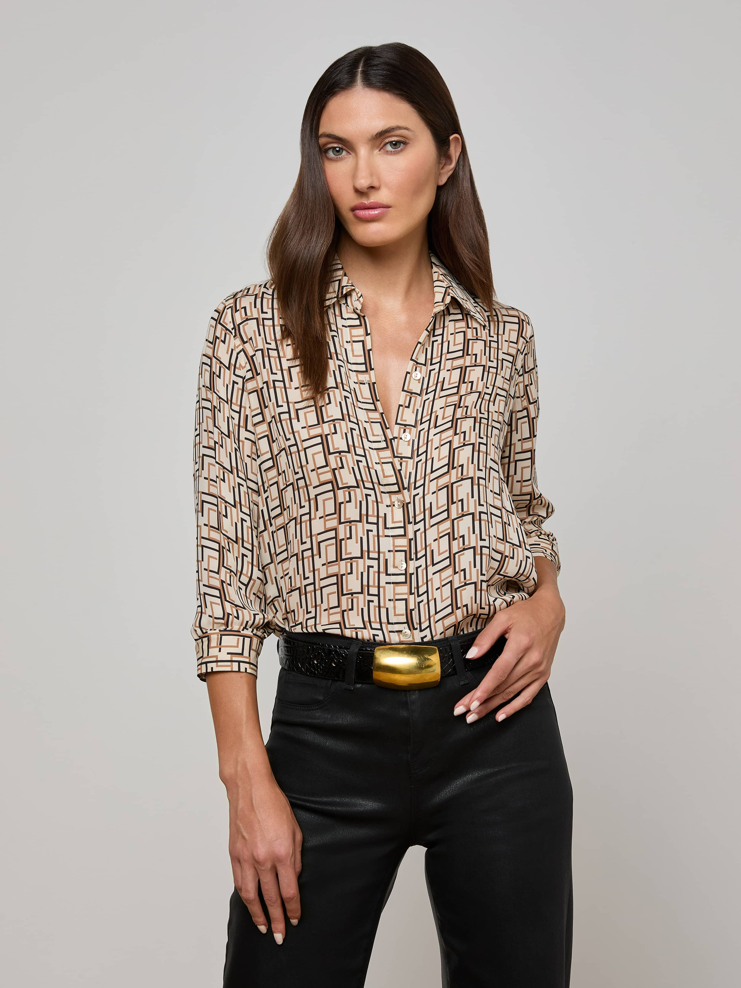 Nina Silk Blouse in Ecru Multi Large Geo Print | L'AGENCE | L'Agence