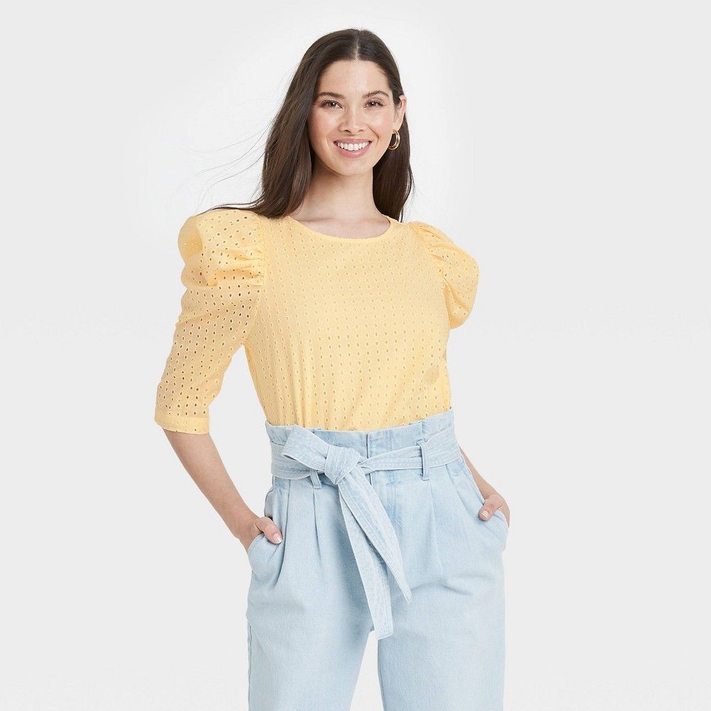 Women's Elbow Sleeve Eyelet Top - A New Day™ | Target