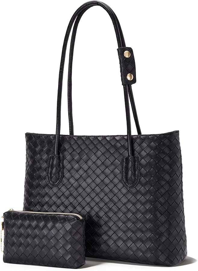 Woven Tote Bags for Women, Vegan Leather Shoulder Bag with Zipper and Matching Pouch, Large Capac... | Amazon (US)