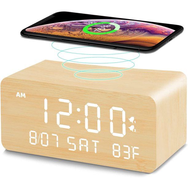 "Wooden Digital Alarm Clock with Wireless Charging, Loud Alarm Clock For Heavy Sleepers, 3 Alarms... | Walmart (US)