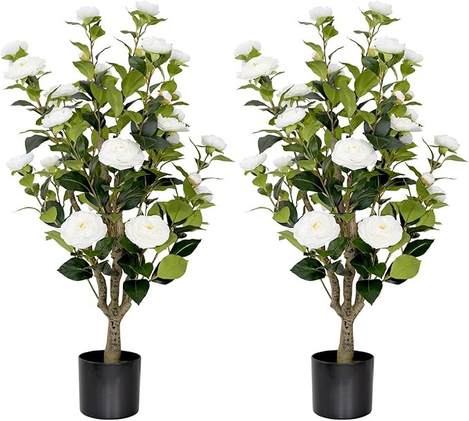 2 Pack 3FT Artificial Camellia Tree Fake Outdoor Tree with 28Blooming Flowers White Tree for Home... | Amazon (US)