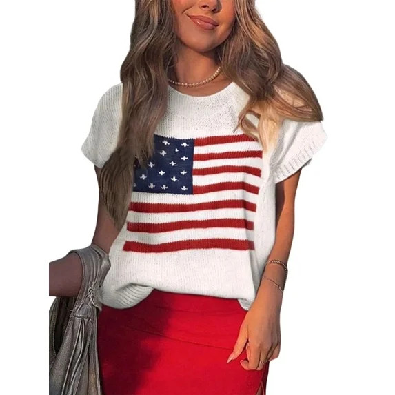 Women's American Flag Pattern Cap Sleeve Crew Neck Sweater Loose Cardigan for Casual White L | Walmart (US)