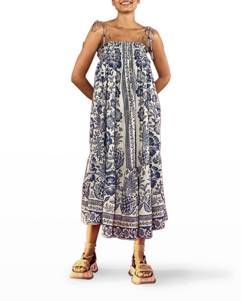 Farm Rio Blue Pineapple Garden Shoulder-Tie Midi Dress | Neiman Marcus