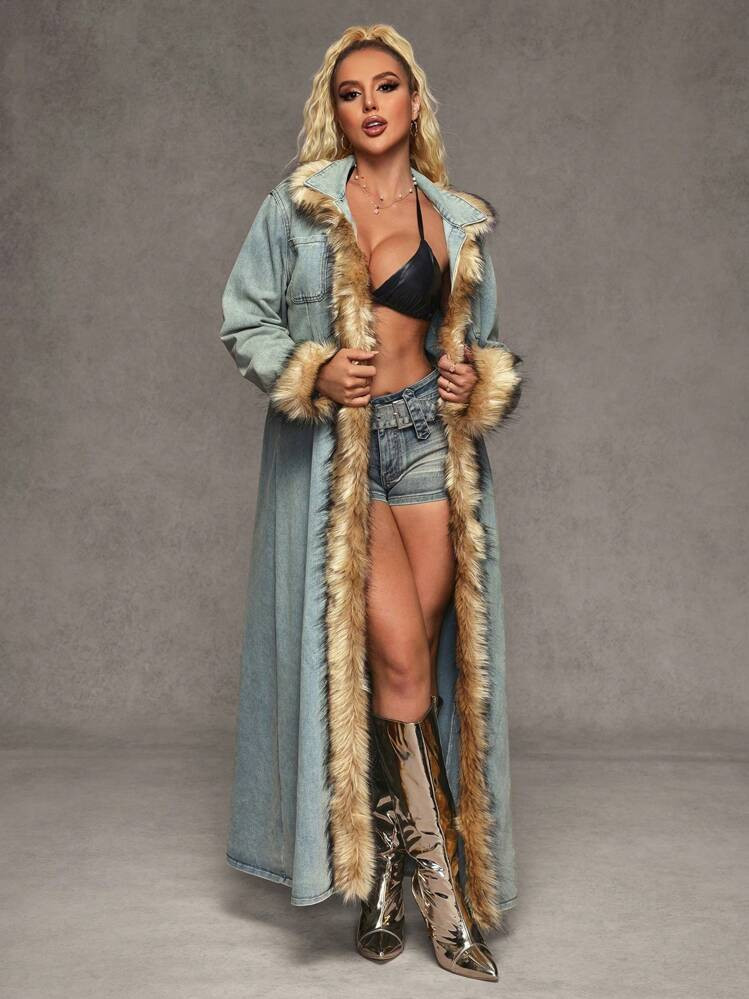 SHEIN SXY Women's Fur Patchwork Long Sleeve Simple Casual Denim Jacket | SHEIN