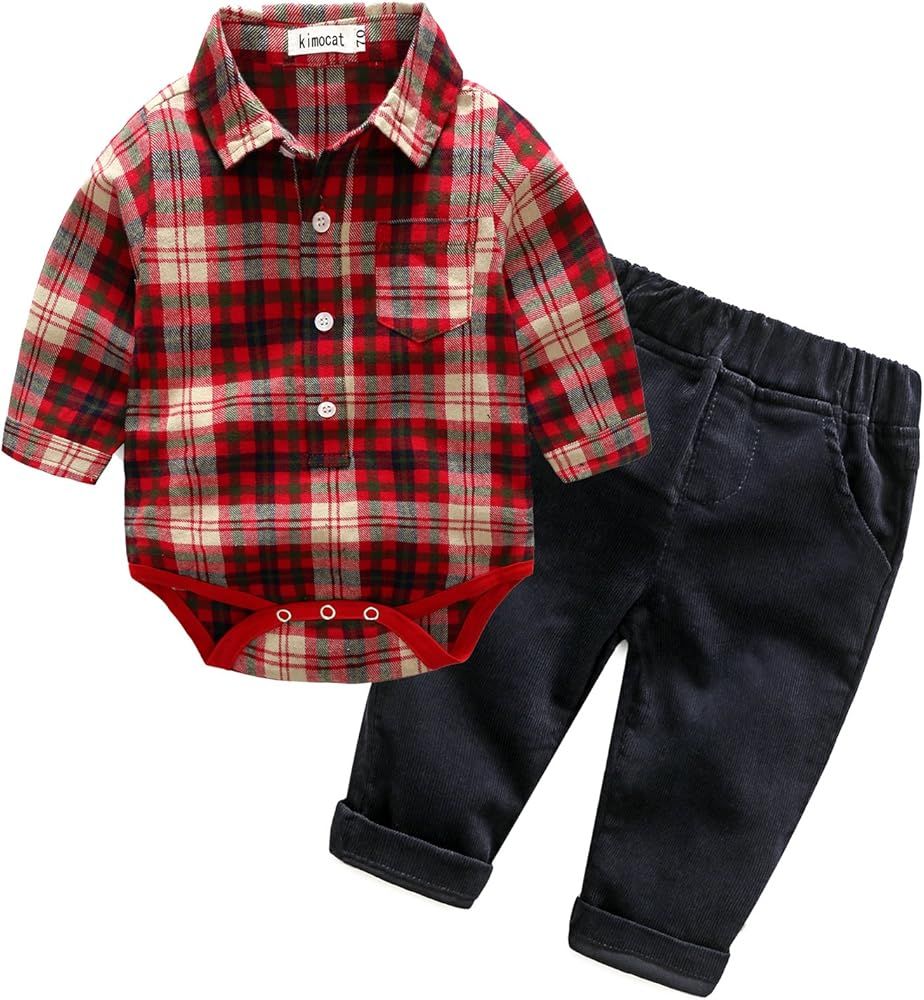 Baby Boy Casual Suit 2pcs Cotton Long Sleeve Plaid Button-Down Shirt Pant Outfits Clothes Set | Amazon (US)