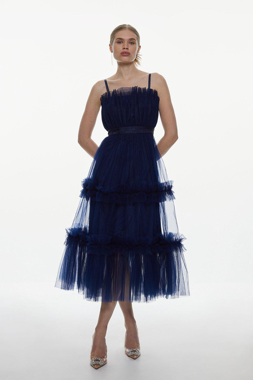 Tulle Bandeau Tiered Midi Dress | Karen Millen UK + IE + DE + NL