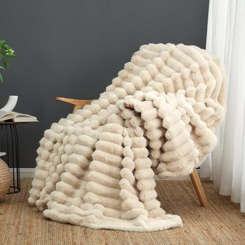 Cozy Bliss Faux Fur Throw Blanket for Couch, Cozy Warm Plush Striped Blanket for Sofa Bedroom Living Room, 50 * 60 Inches Beige | Amazon (US)