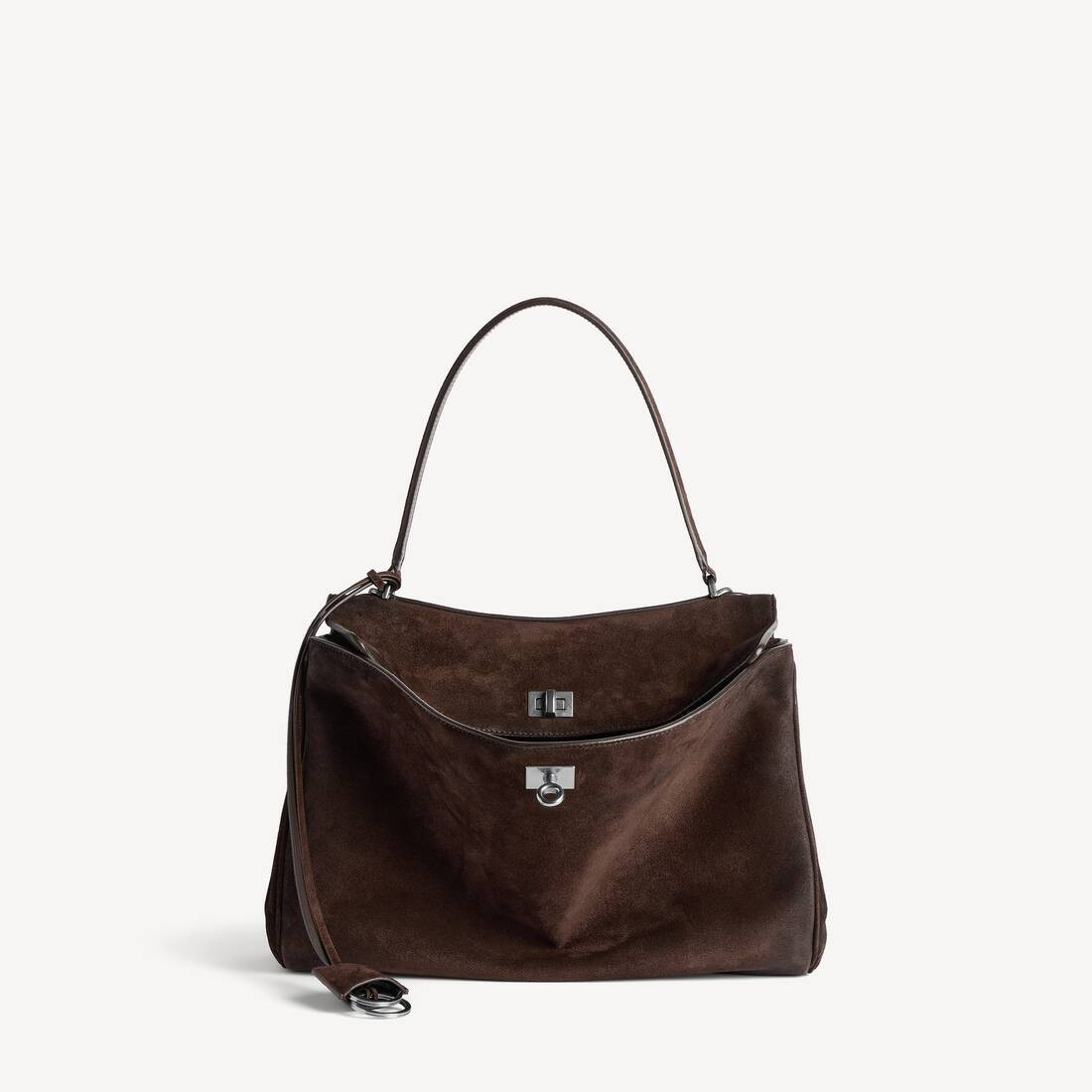 Rodeo Handbag Medium in light espresso waxed suede calfskin and smooth calfskin, aged-silver hard... | Balenciaga