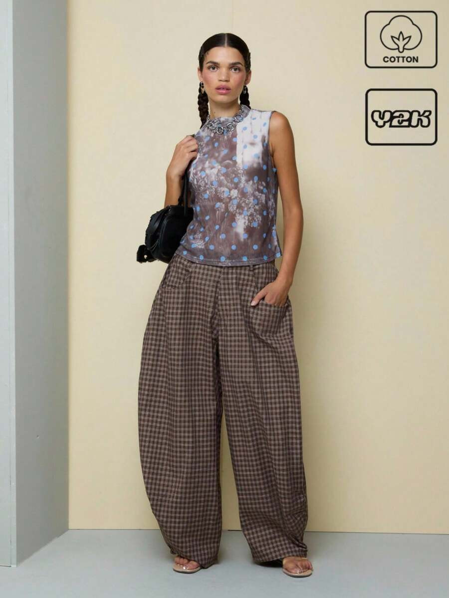 COUREZ Low Rise Baggy Barrell Fit Check Trousers /Y2K Casual Cotton  Women Clothes Spring Clothes... | SHEIN