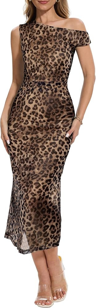 Women's Summer One Off Shoulder Long Midi Dresses Wedding Guest Floral Ruched Mesh Dress Cocktail... | Amazon (US)