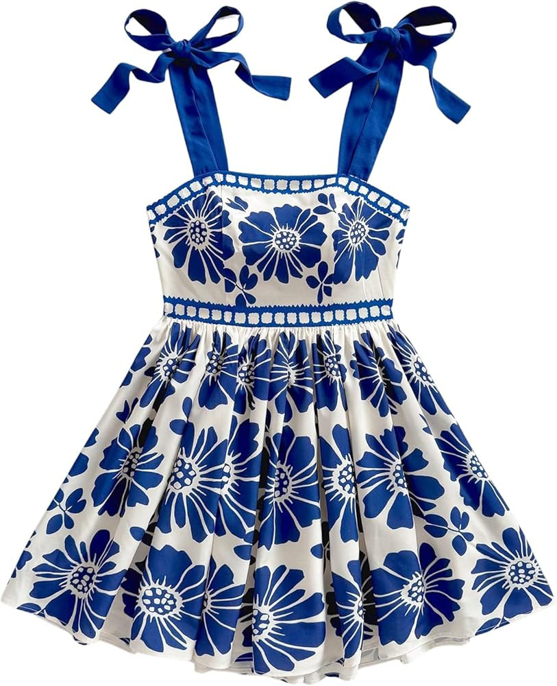 Floerns Women's Summer Floral Print Tie Shoulder Cami Dress Flare Hem Boho Mini Dress | Amazon (US)