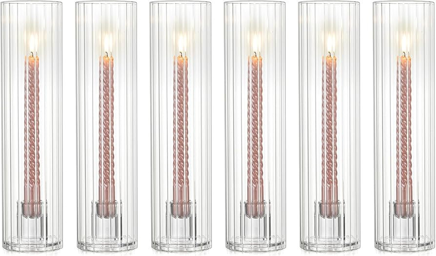 NUPTIO Taper Candle Holders for Centerpiece: Ribbed Hurricane Glass Candlestick Holder - Set of 6... | Amazon (US)