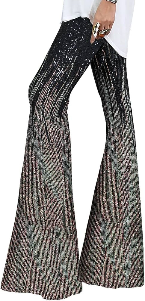 EVALESS Women Sequin Pants Sparkly Glitter High Waisted Wide Leg Flare Trousers Bell Bottom Night... | Amazon (US)