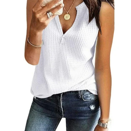 Avamo Women Tank Tops V Neck Waffle Knit Summer Casual Sleeveless Loose Tee Shirts Vest | Walmart (US)