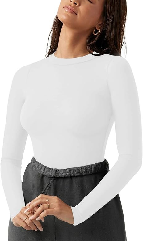 REORIA Women's Fashion Crew Neck Double Lined Long Sleeve T Shirts Bodysuits Tops Jumpsuit | Amazon (US)