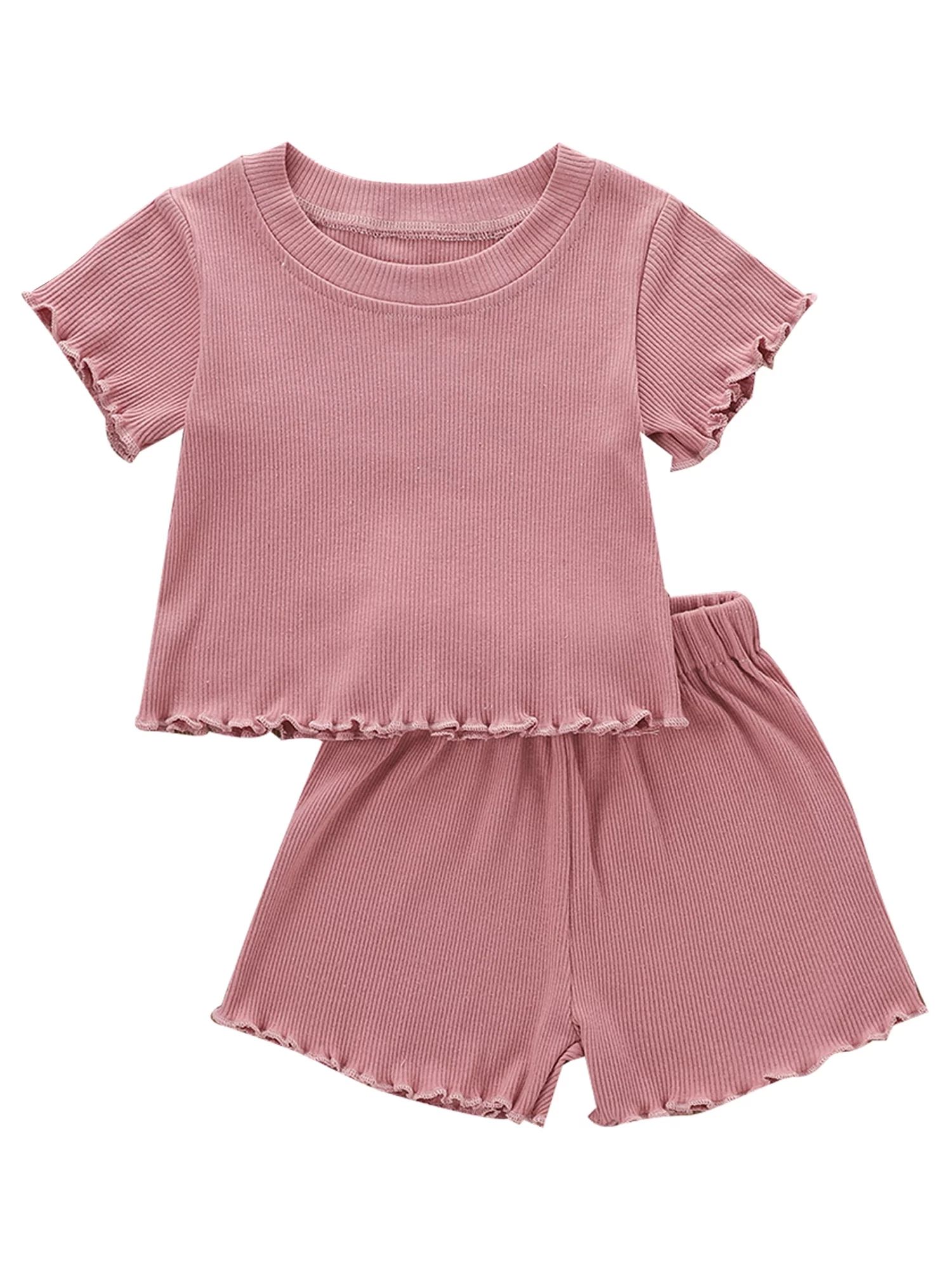 Canrulo 2PCS Toddler Baby Girl Solid Color Ribbed Short Sleeves O-Neck Tops + Shorts Pink 2-3 Yea... | Walmart (US)
