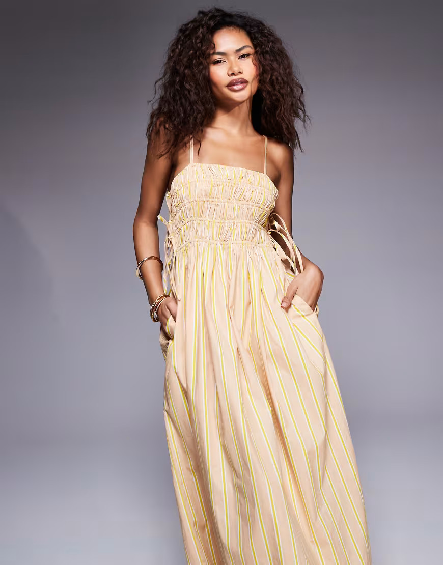 River Island shirred strappy midi dress in stone-Neutral | ASOS (Global)