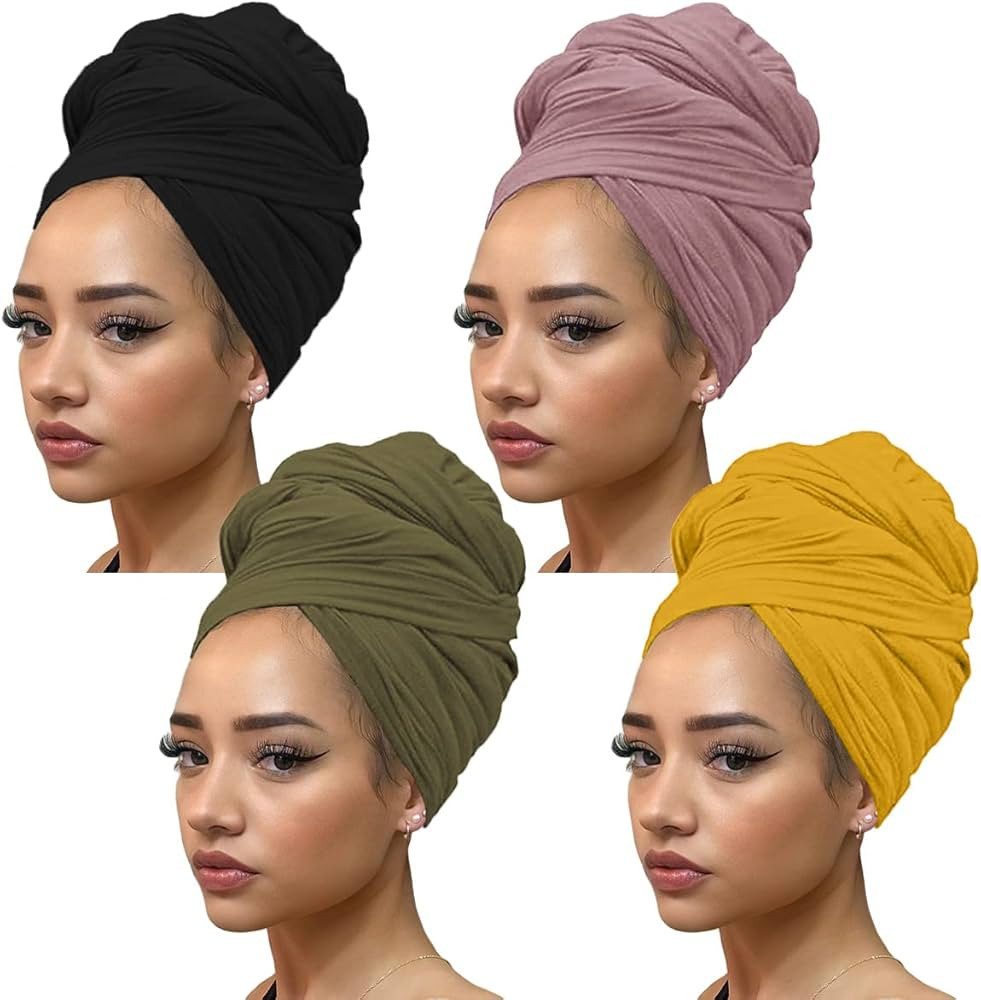 Kachanaa 4 Pieces Solid Color Stretch Knit Head Wrap Extra Long African Head Scarf Breathable Tur... | Amazon (US)