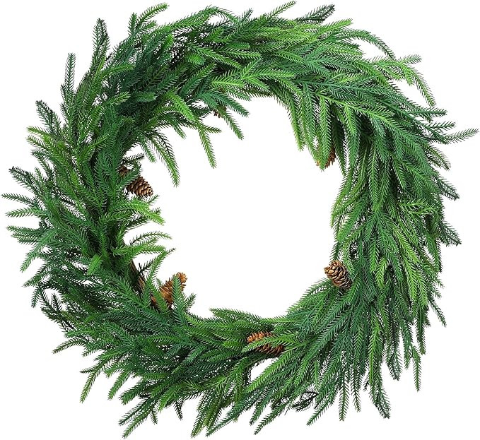 Jutom 24 Inches Realistic Norfolk Pine Wreath with Pine Cones Artificial Pine Greenery Wreath Chr... | Amazon (CA)