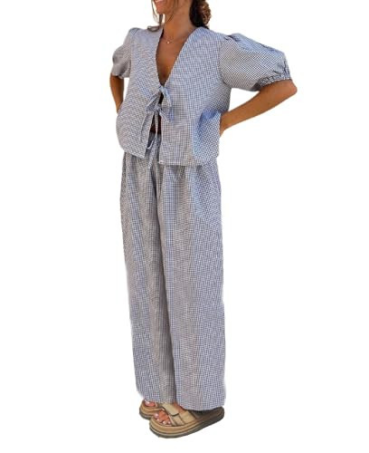 Leyajedol Women 2 Piece Lounge Outfit Tie Front Puff Sleeve Babydoll Top Gingham Wide Leg Pants Ruffle Pajama Set Sleepwear | Amazon (US)