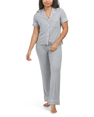 Tipped Short Sleeve Notch Collar Top And Pants Pajama Set | TJ Maxx