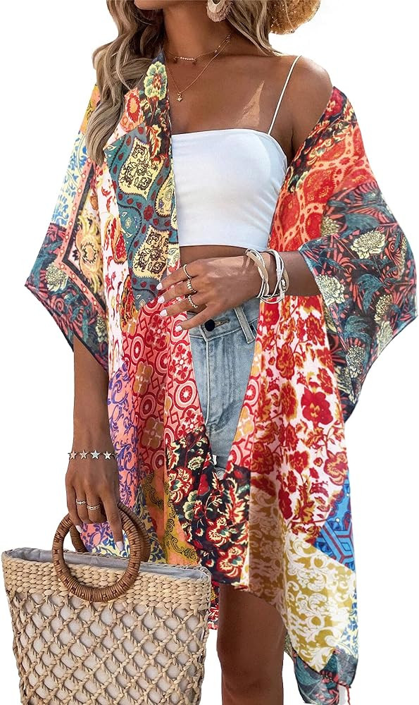 Beautiful Nomad Women's Kimono Swimsuit Coverups Beach Floral Casual Cardigan Bathing Suit Cover ... | Amazon (US)
