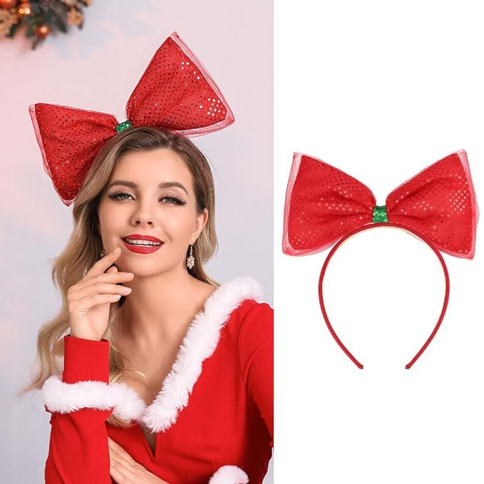 Latious Sequin Bow Headband Red Glitter Christmas Headbands Xmas Hairband Christmas Party Princes... | Amazon (US)
