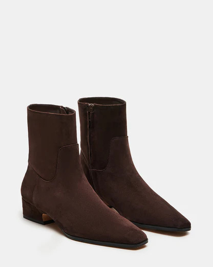 DUSTY Chocolate Brown Suede Ankle Bootie | Women's Booties | Steve Madden (US)