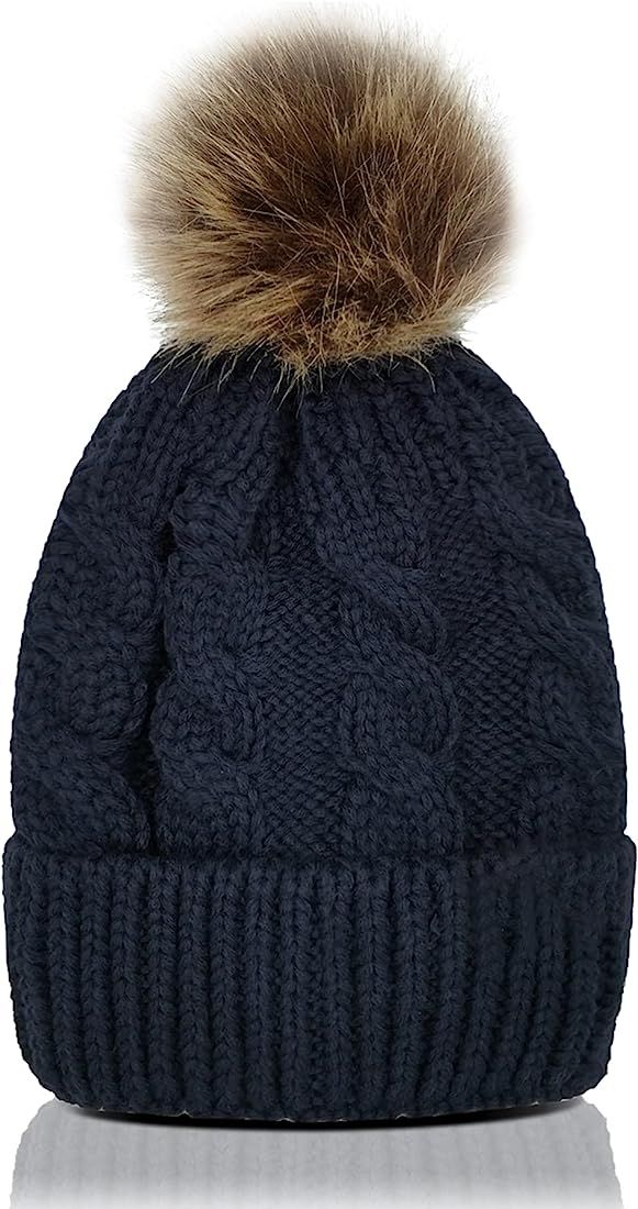 Whiteleopard Kid Beanie Hats Lining Pom Pom for Children -Slouchy Cable Knit Toddler Skull Hat Baby  | Amazon (US)
