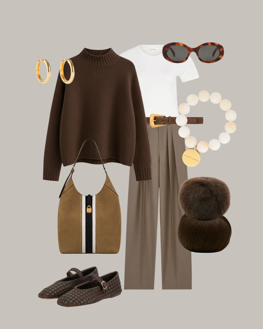Oslosweater aus MERINO BABY + MANADA in Schokoladenbraun. 
Kombiniert mit einer hochwertigen Bundfaltenhose, gewebten Ballerinaflats, eine sportlichen Taschse und Wildlederaccesoires... Goldener und Perlenschmuck bringt eine leichte Eleganz.  

 