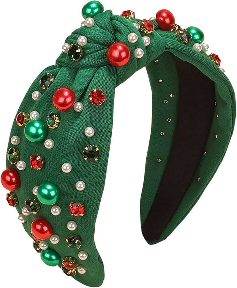 Christmas Headband for Women Pearl Knotted Headband Xmas Red Green Pearl Rhinestone Crystal Jewel... | Amazon (US)