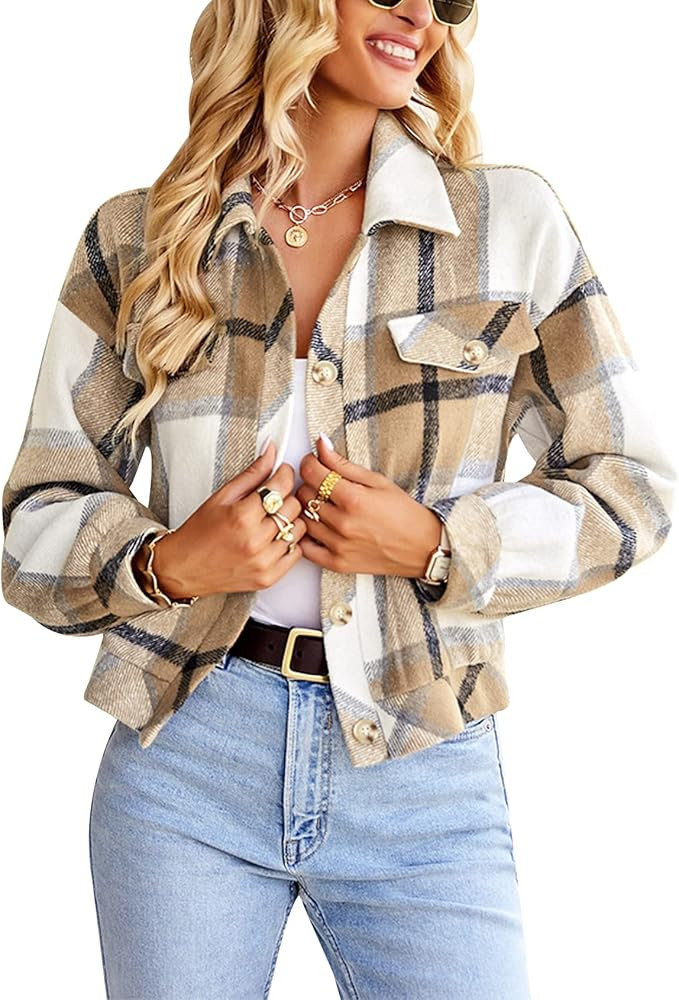 Gihuo Women's Fashion Cropped Shacket Button Down Corduroy Shacket Jackets Casual Plaid Long Slee... | Amazon (US)