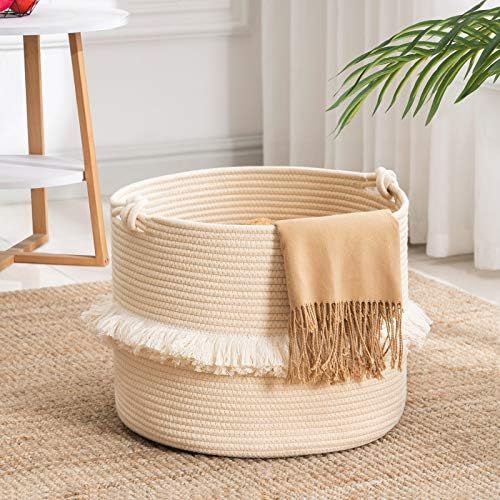 YOUDENOVA Tassel Basket, Boho Toy Basket for Girl's Room, Small Laundry Basket with Knot Handles, Wh | Amazon (US)