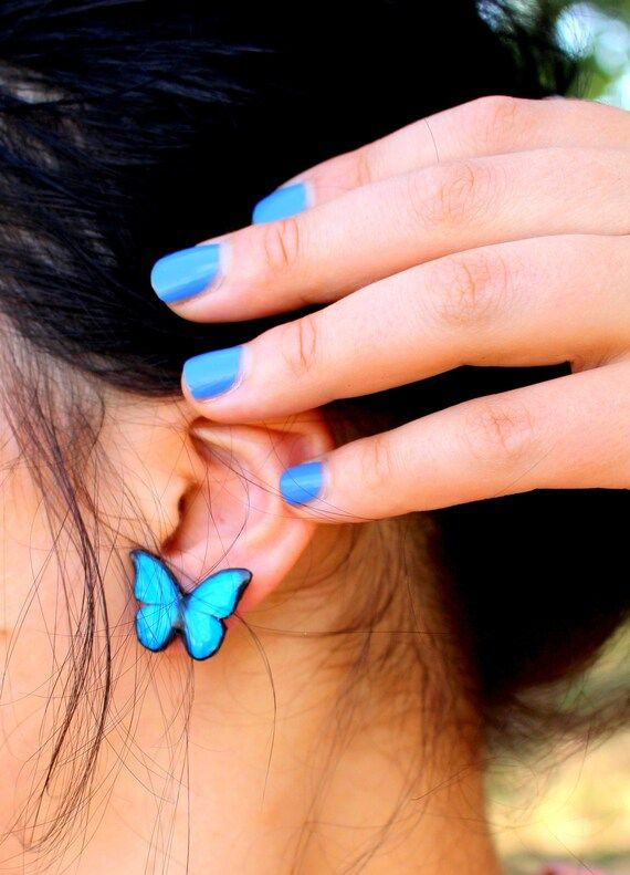 Blue ear stud, Blue jewelry, Blue earrings, Butterfly earrings, Blue stud, Butterfly jewelry, Cut... | Etsy (US)