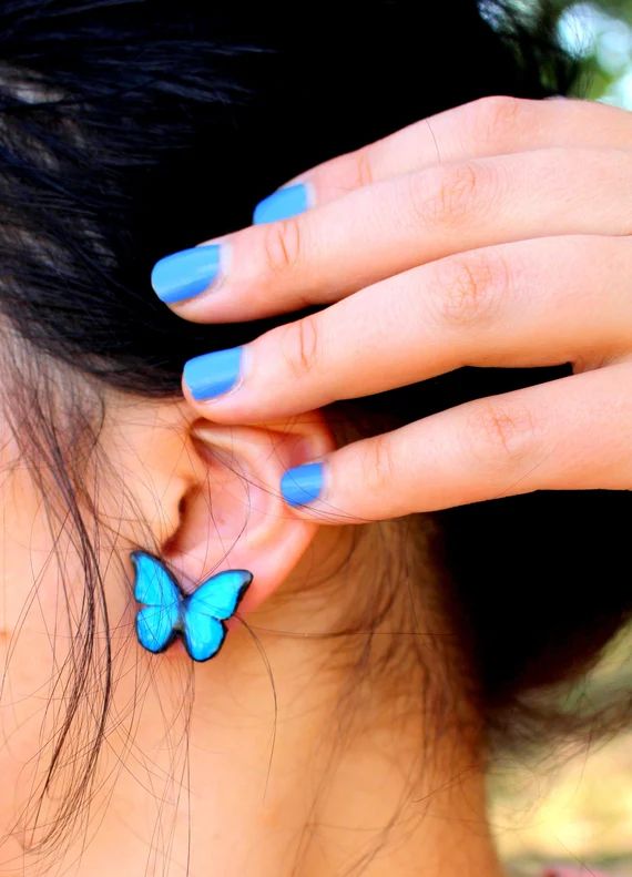 Blue ear stud, Blue jewelry, Blue earrings, Butterfly earrings, Blue stud, Butterfly jewelry, Cut... | Etsy (US)