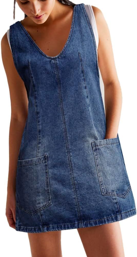 BerryGo Women's Denim V Neck Sleeveless Overall Dress Casual Mini Pinafore Dress Short Jumper Jea... | Amazon (US)