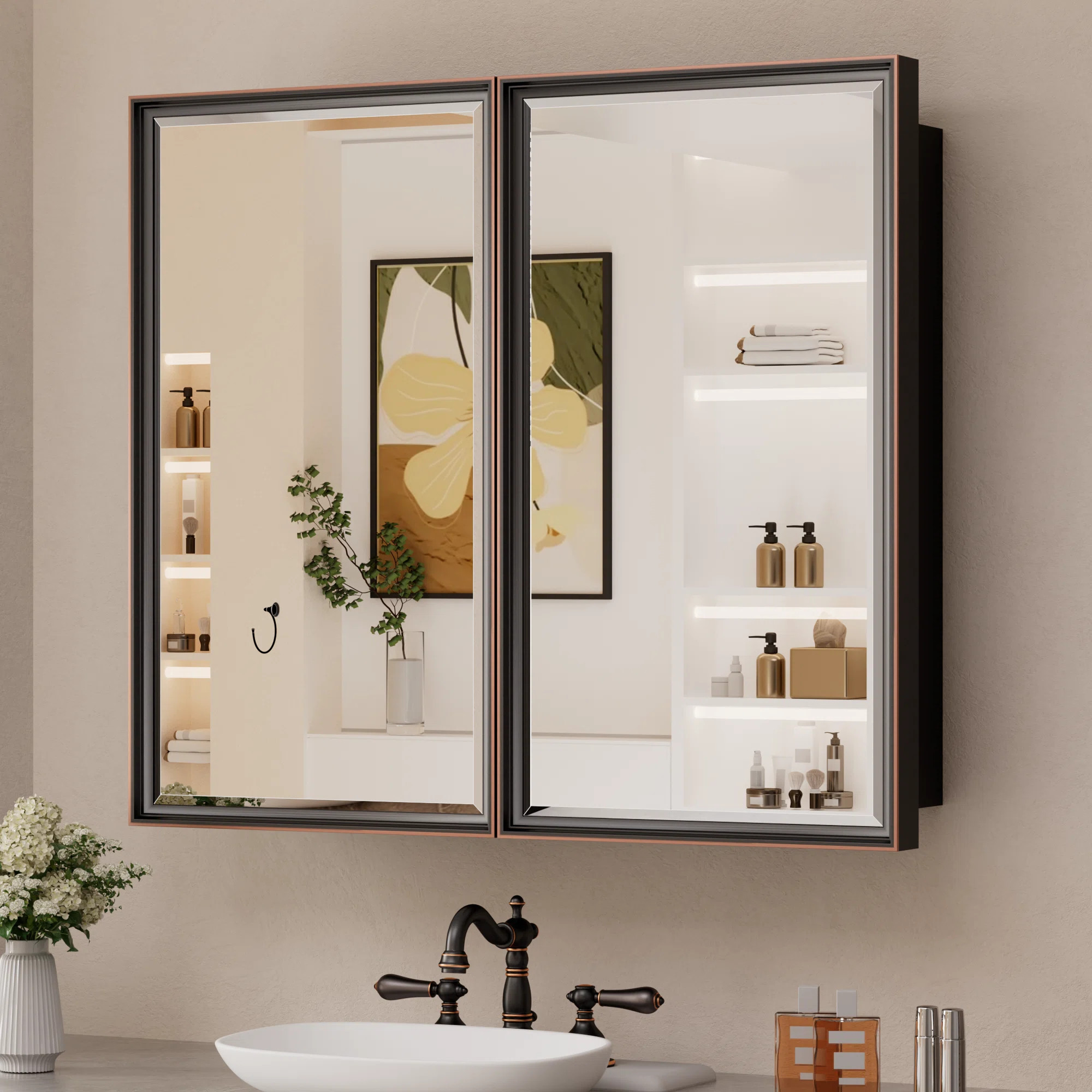 Lunara Recessed & Surface Framed 2 Door Medicine Cabinet with Mirror and Shelves | Wayfair North America