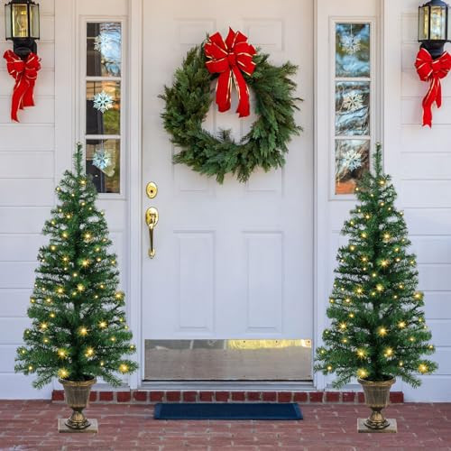 Set of 2 Christmas Trees with Lights 4-FT Artificial Urn Potted Porch Christmas Tree Battery Powered with 8 Modes and Timer for Indoor Outdoor | Amazon (US)
