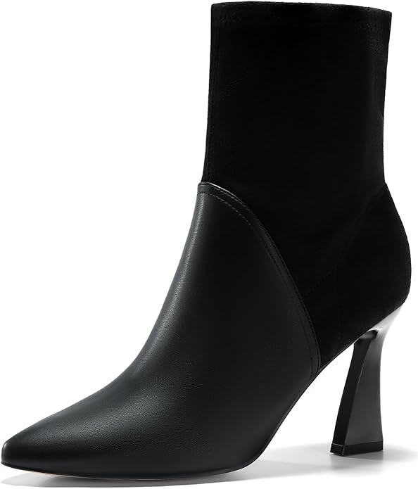 Coutgo Women's Pointed Toe High Heel Ankle Boots Patent Faux Leather Suede Splicing Slip On Fashi... | Amazon (US)