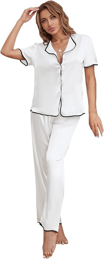 MakeMeChic Women's 2 Piece Satin Short Sleeve Button Up Contrast Binding Pajama Set | Amazon (US)