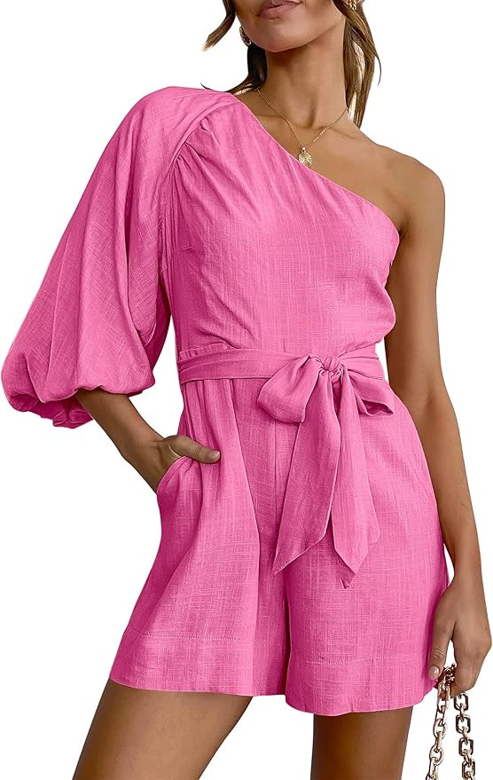 ANRABESS Women's Summer Casual One Shoulder 3/4 Puff Sleeve Tie Waist Short Jumpsuit Romper Outfi... | Amazon (US)