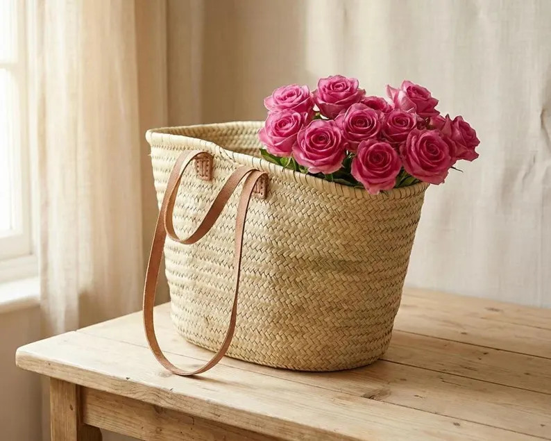 Handmade French Market Basket \u2013 Palm Leaf Tote with Leather Handles | Etsy (Global)