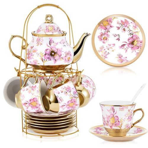 Zhehao 20 Pcs Porcelain Tea Set with Metal Holder and Spoon Adult Ceramic Tea Set European Flower Painting Teapot Cup Saucer Spoon for Women, Large Version(Purple Style) | Amazon (US)