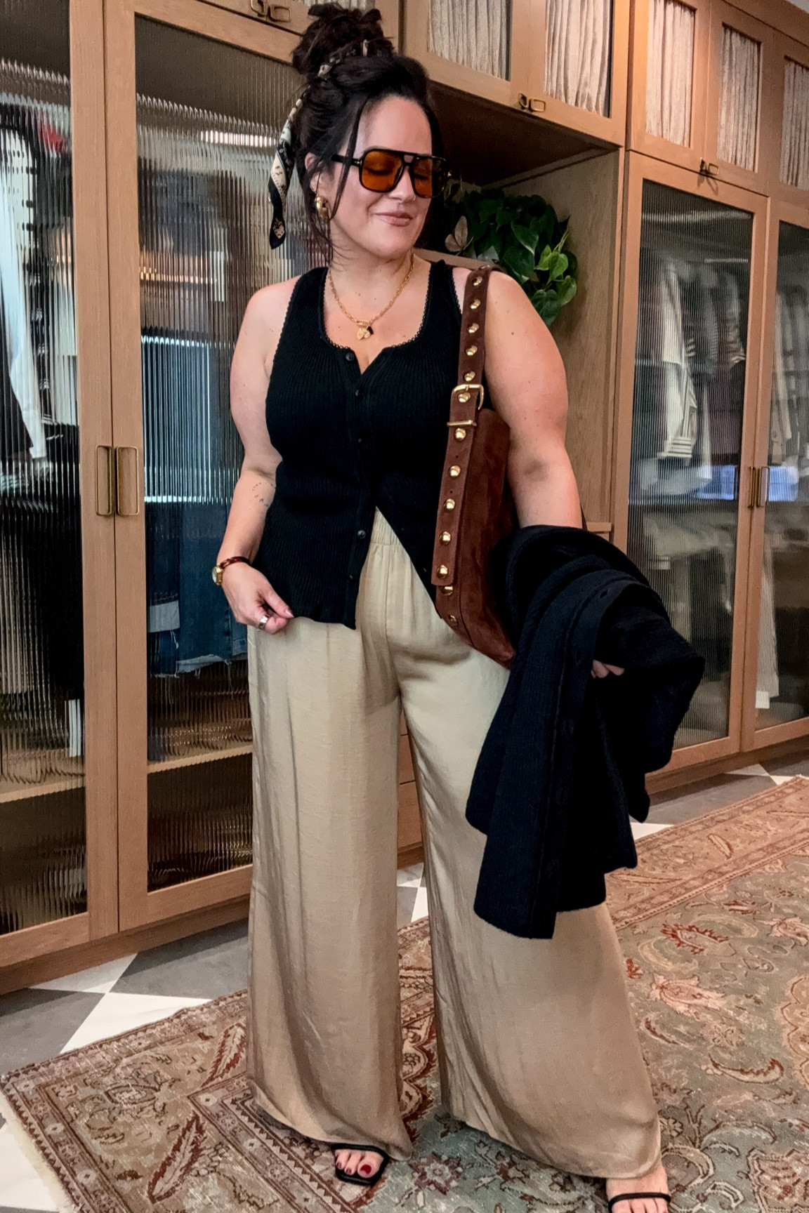 Midsize warm weather outfit to transition to fall 
Light weight silky stretch waist pants xl 
Button down tank xl 
Studded bag 


#LTKStyleTip #LTKSeasonal #LTKMidsize