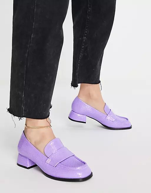 ASOS DESIGN Moya heeled loafers in lilac patent snake | ASOS (Global)